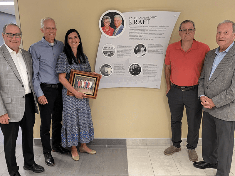 Pictured (left to right): Greg Voisin, Dr. John Sehl, Cynthia Voisin, Gary Karges and Jerry White, relatives of Ralph and Dorothy Kraft